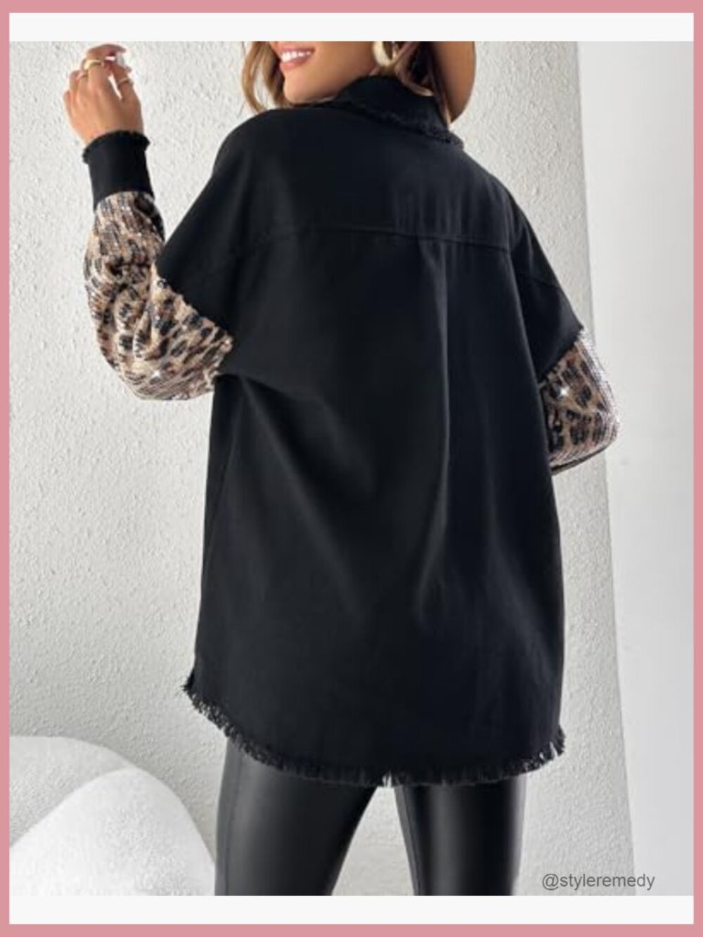 Sequin Patchwork Long Sleeve Oversized Denim Shacket Raw Hem Button Front - Picture 5 of 7